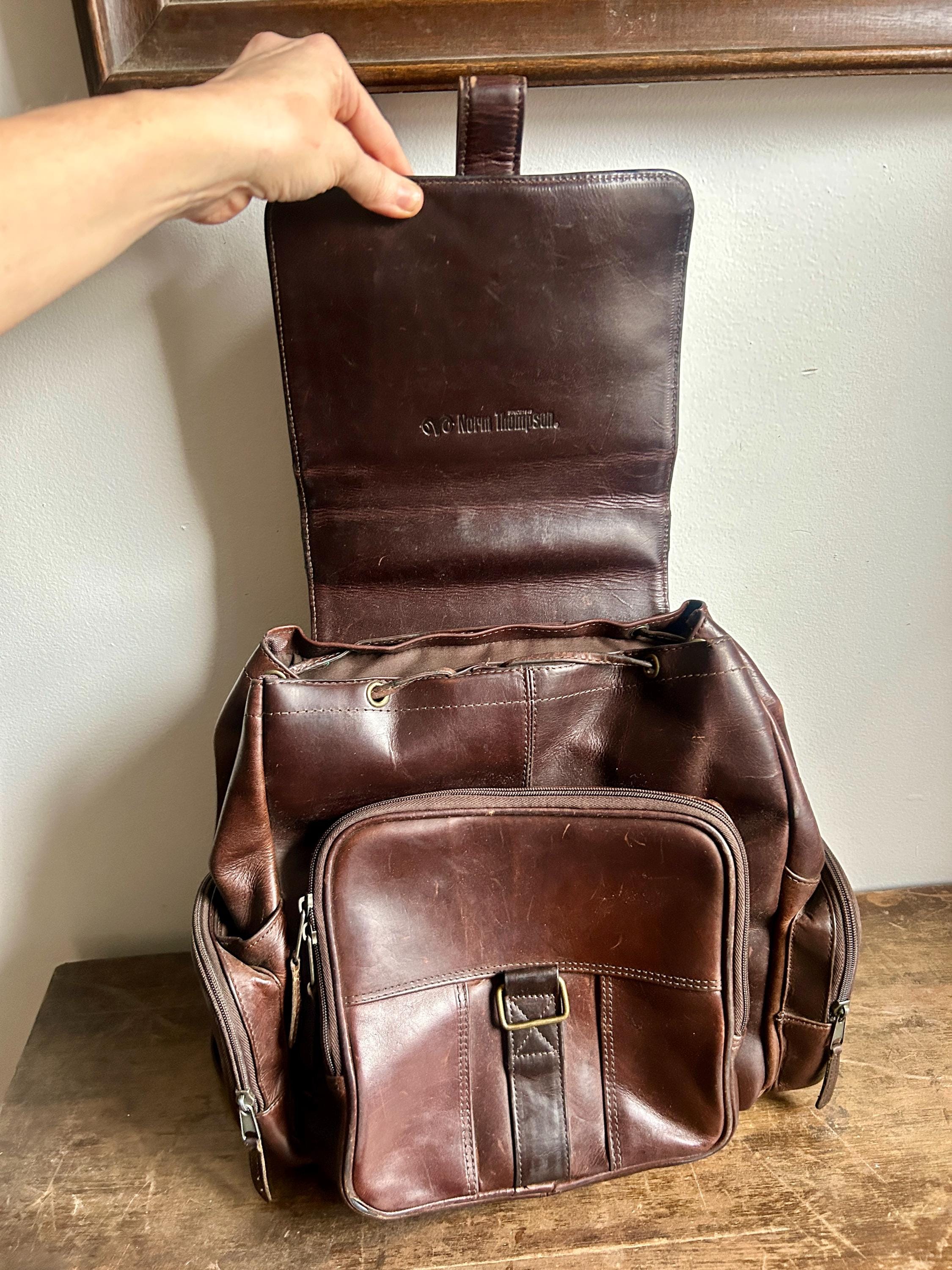 Norm Thompson Brown Leather Sling Shoulder Bag Converts to a Backpack with a Zip Vintage Norm Thompson Brown Leather Backpack | Distressed  main image 3