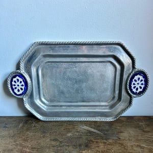 Vintage Solid Pewter Tray with Blue and White Ceramic Tile Accents | Farmhouse Cottagecore