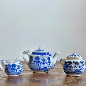 Willow Blue Miniature Tea Set, 3 Pieces c. 1920-1945 | Vintage Miniature Japanese Tea Set | Vintage Knickknacks
