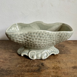Vintage Sage Green Ceramic Footed Planter | Pedestal Flower Vase | Glazed Vase