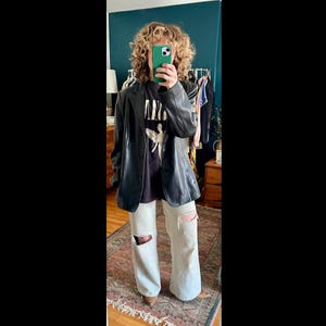 Vintage 90&#39;s Women&#39;s Black Leather Trench Coat Size Large | 90s Style Leather Coat
