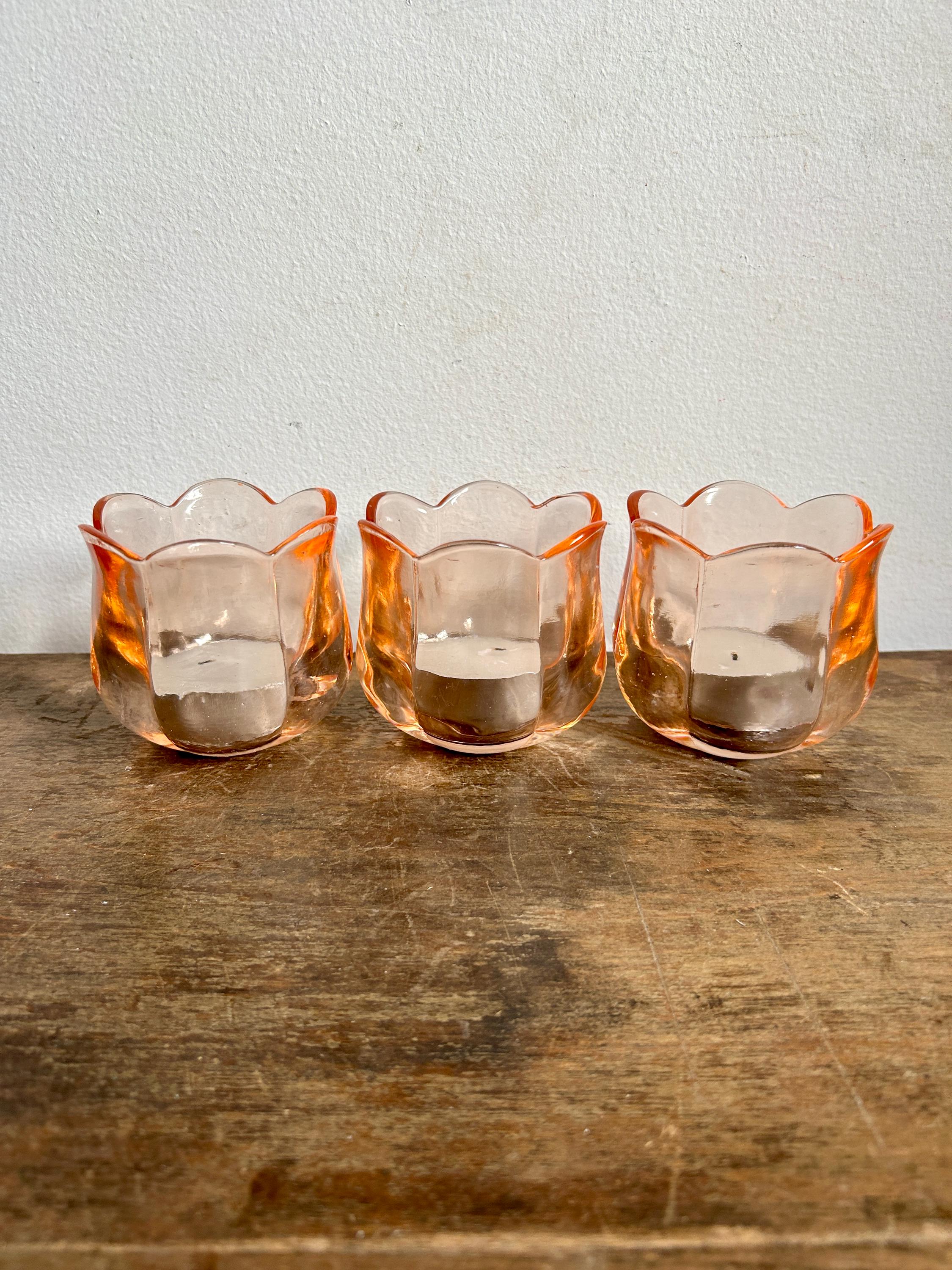 ヴィンテージピーチチューリップガラスキャンドルホルダー 3個セット