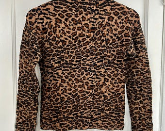 Blusa vintage de cuello alto simulado, manga larga y estampado de leopardo arrugado, talla pequeña / Moda de los 90