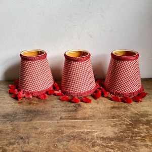 Vintage Red and White Gingham Chandelier Lamp Shades, Set of 3 | Clip on Lamp Shades for Vanity or Sconce | Cottagecore Farmhouse Lighting