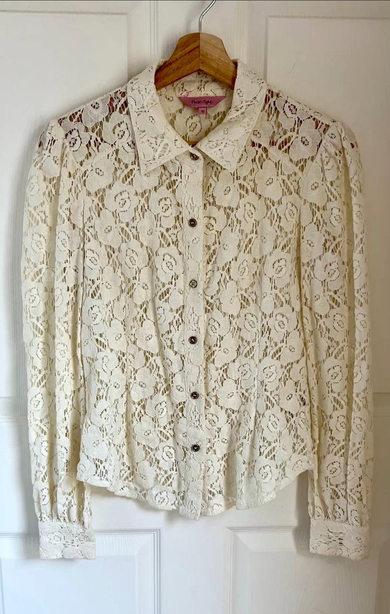 Vintage Cream Spets Westernskjorta | Damskjorta med knappar | Boho-topp i liten storlek bild 2