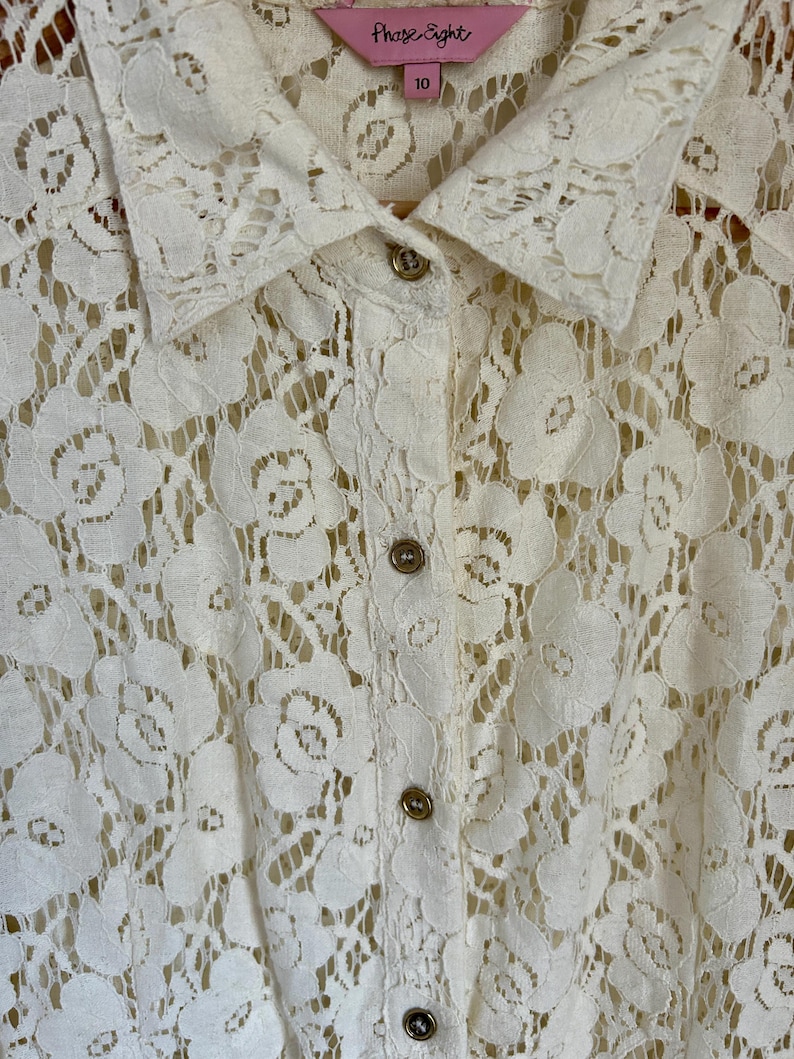 Vintage Cream Spets Westernskjorta | Damskjorta med knappar | Boho-topp i liten storlek bild 5