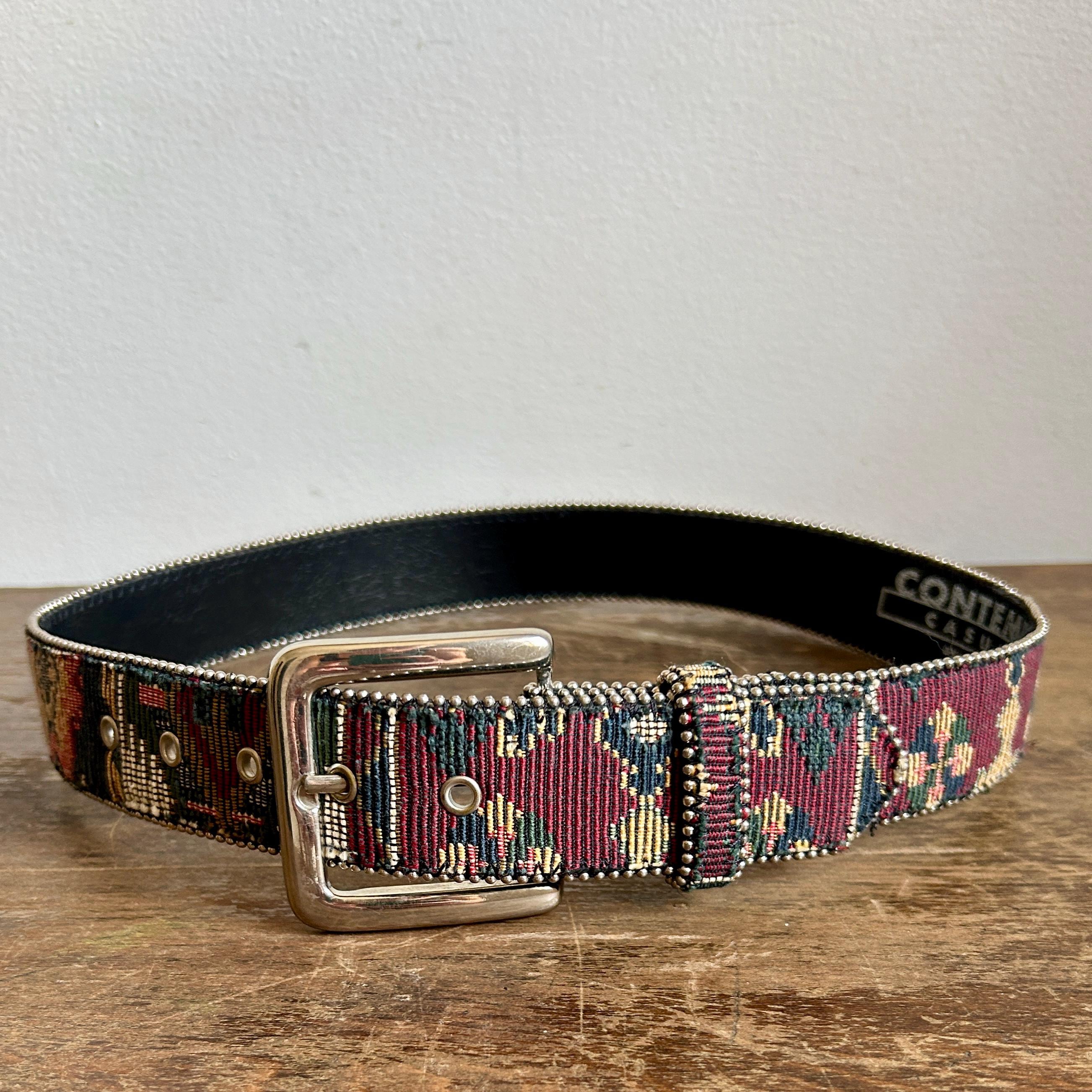 Vintage Leather Tapestry Belts Lot Boho Floral Brass Buckle 3pc Antique Brass Western Floral Leathercraft 3pc Set Belt  main image 4