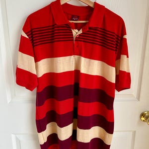 Vintage Men&#39;s Striped Polo Size XL | Red and Burgundy | Vintage Mens Clothing