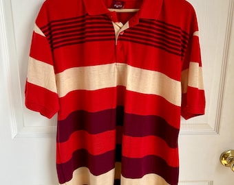 Polo vintage da uomo a righe, taglia XL / Rosso e bordeaux / Abbigliamento vintage da uomo