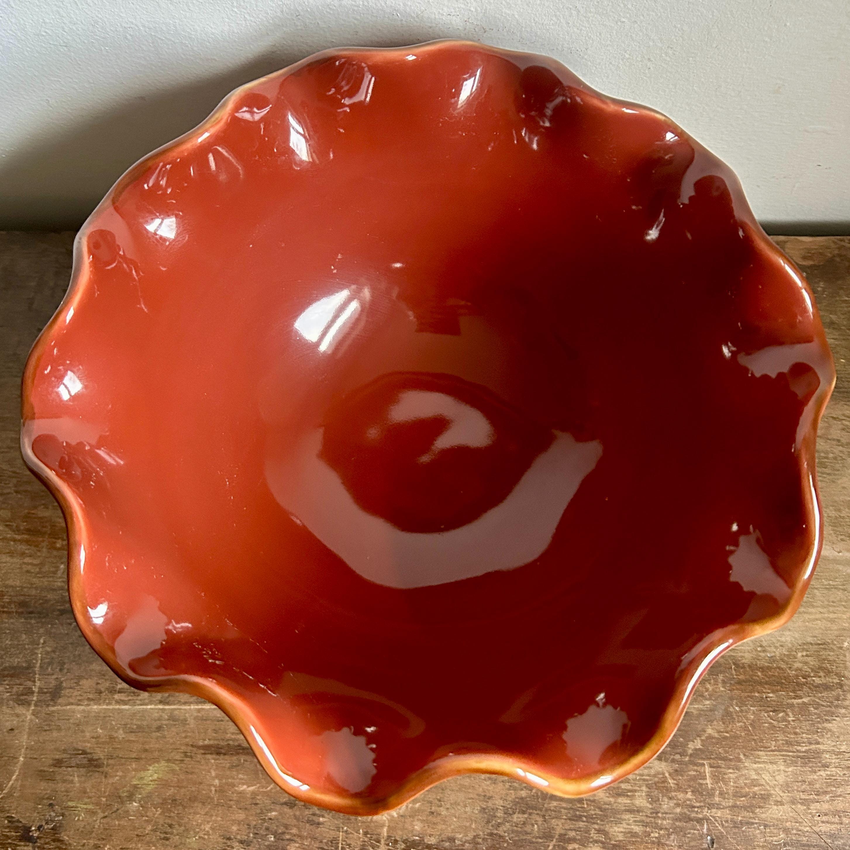 Brown Fruit Bowl, Vintage Ceramic | Ruffled Scalloped Edge Pedestal ...