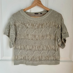 Short Sleeve Beige Cropped Knit Blouse Size Medium | Women&#39;s Cable Knit Top