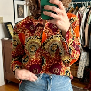 Vintage 90&#39;s Patterned 100% Silk Long Sleeve Button Down Blouse | 90s Style