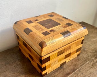 Vintage Marquetry Decorative Wooden Box | Rustic Handmade Decor