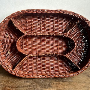 Vintage Brown Rattan Wicker Oval Divided Serving Tray with Handles | Decorative Tray | Cottagecore Tray | Farmhouse Decor
