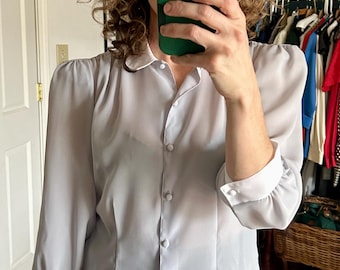 Vintage 80s Sheer Blue Blouse with Peter Pan Collar, Size Large | Romantic Blouse