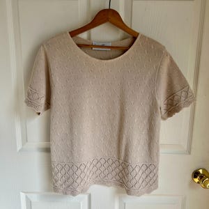 Vintage 90&#39;s Beige Short Sleeve 100% Cotton Knit Blouse | Knit Blouse | Women&#39;s Small Top