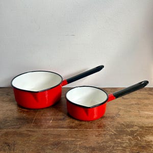 Vintage Polish Red and Black Sauce Pans, Set of 2 | Vintage Cookware | Enamelware Made in Poland