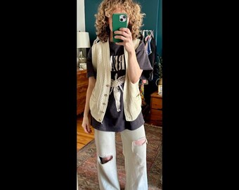 Vintage Cream Kabelstickad Tröja Storlek M/L | Grandpa Style Väst Grandma Chic Fishermancore