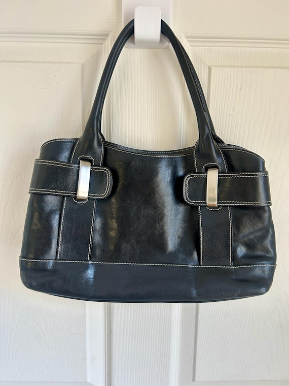 Vintage Black Leather Furla Shoulder Bag | Sleek Chic Minimalist 