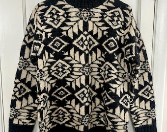 Suéter feminino vintage Ralph Lauren, tricotado à mão em 100% lã penteada, estilo Fair Isle, tamanho médio | Suéter nórdico | Estilo pescador | Cinza e branco