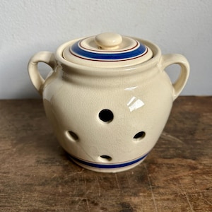Vintage Ceramic Striped Garlic Keeper, Vented with Lid | Vintage Antique Bakewares Kitchen Accessories