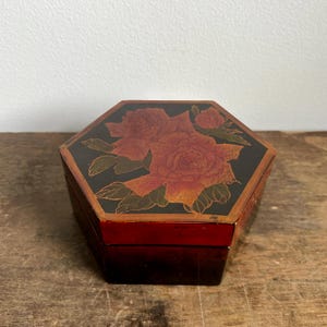 Vintage Lacquered Floral Lidded Trinket Box | Treasure Box | Boho Home Decor