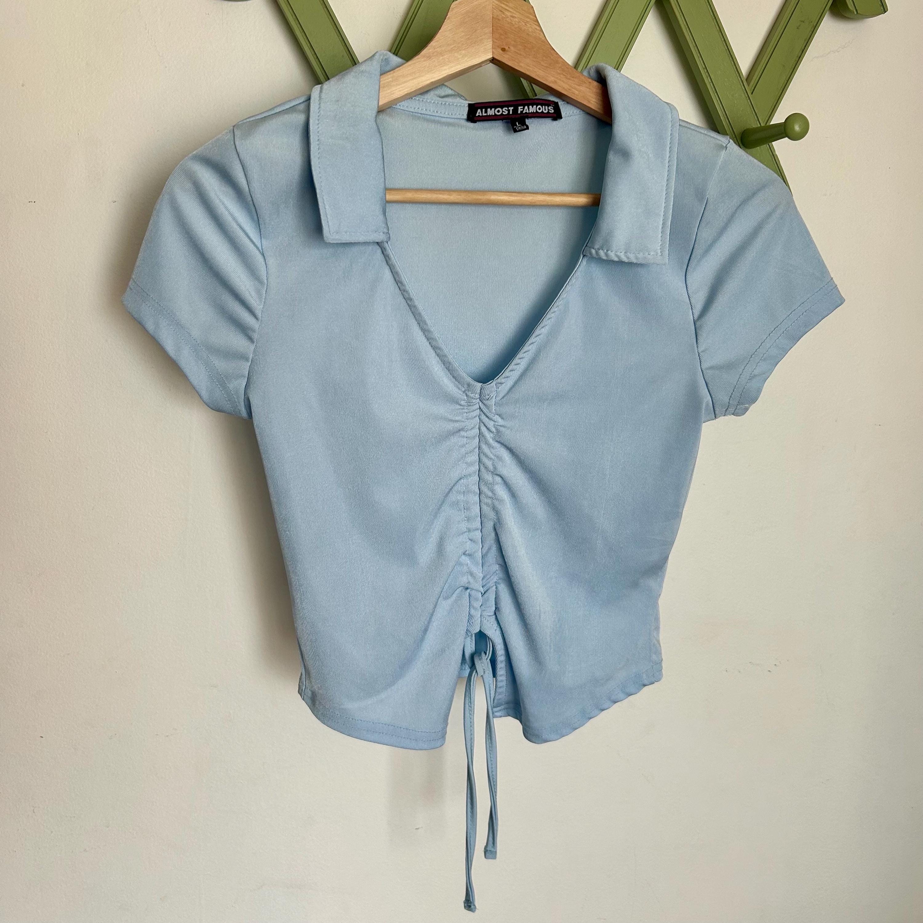 トップス Hilihili Park Draping Cropped Blouse y2k Y2K Light Blue Collared Cropped Top With Drawstring