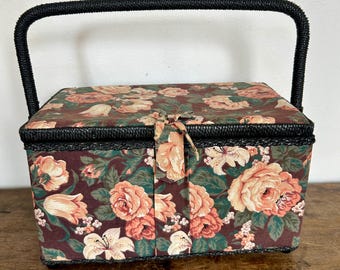 Vintage Floral Cottagecore Sewing Box | Brown Toned Rose Print | Cottagecore Farmhouse Prairiecore