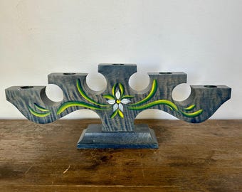 Vintage Swedish Hand Painted Blue-Stained Wooden Candelabra