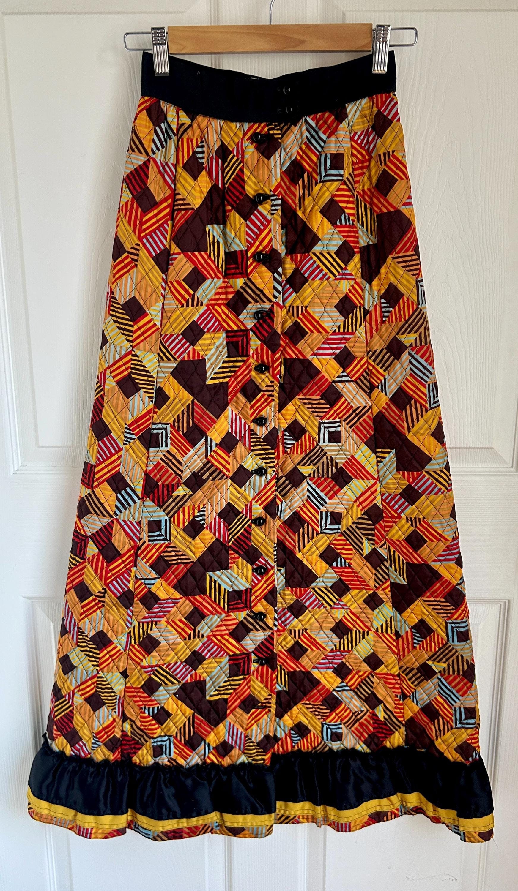 1970's Colorful Quilted Maxi Skirt by Youth Guild Size Extra Small MCM  Boho Funky 70's Style