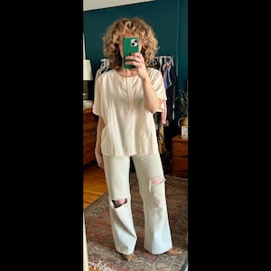 Vintage 80&#39;s Cotton Buttercream Dropped Shoulder Top Size Large | Short Sleeve Basic Blouse