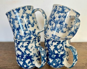 Vintage Tienshan Folk Craft Blue & White Spongeware Mugs | Country Farmhouse Coffee Cups Set