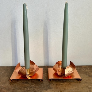 Pair of Vintage Mid Century Hammered Copper Floral Candlesticks | MCM Decor | Cottagecore Farmhouse Decor