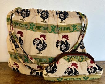 Vintage Portugal Rooster Tote and Matching Change Purse/Clutch | Shoulder Bag