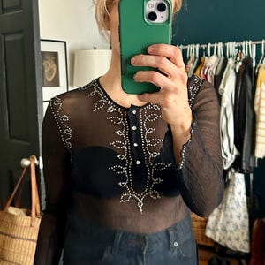 Vintage 100% Silk Sheer Long Sleeve Black Rhinestone Embellished Top | Boho Blouse/Tunic Size Small | Western Style