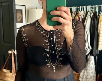 Vintage Silk Rhinestone Blouse | Sheer Black Boho Top, Size Small