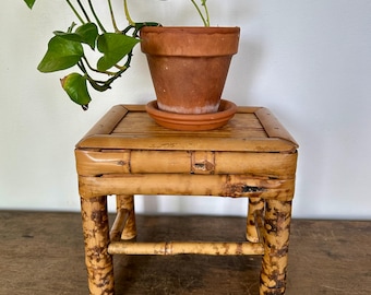 Vintage Bamboo Plant Stand Riser Stool with Natural Patina | Boho Retro Style | Home Decor