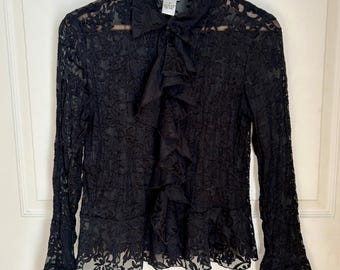 Vintage 90's Black Sheer Ruffled Long Sleeve Blouse Size Small | 90s Style