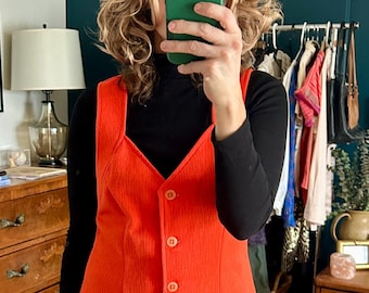 Vintage 70&#39;s Long Orangey Red Vest Size Large | Mid Century Style | Colorful Vest