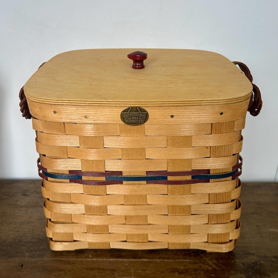 Vintage Peterboro Lidded Basket | Woven Leather Handles, Farmhouse