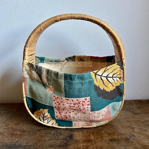 Vintage Rattan and Barkcloth Top Handle Purse | 70&#39;s Purse Handbag