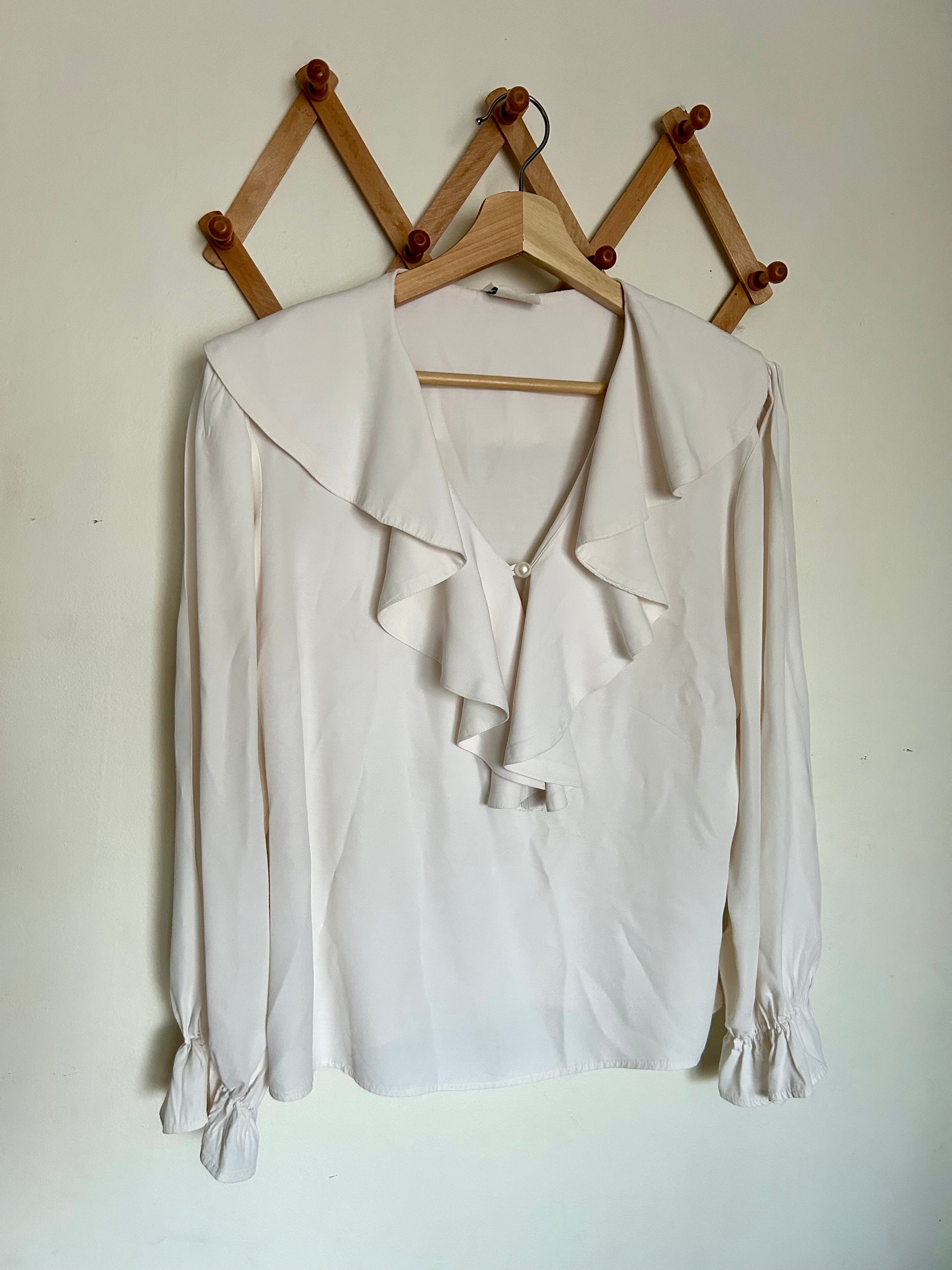 90's Vintage Off-white Ruffle Collared Blouse Sz S/M - Etsy