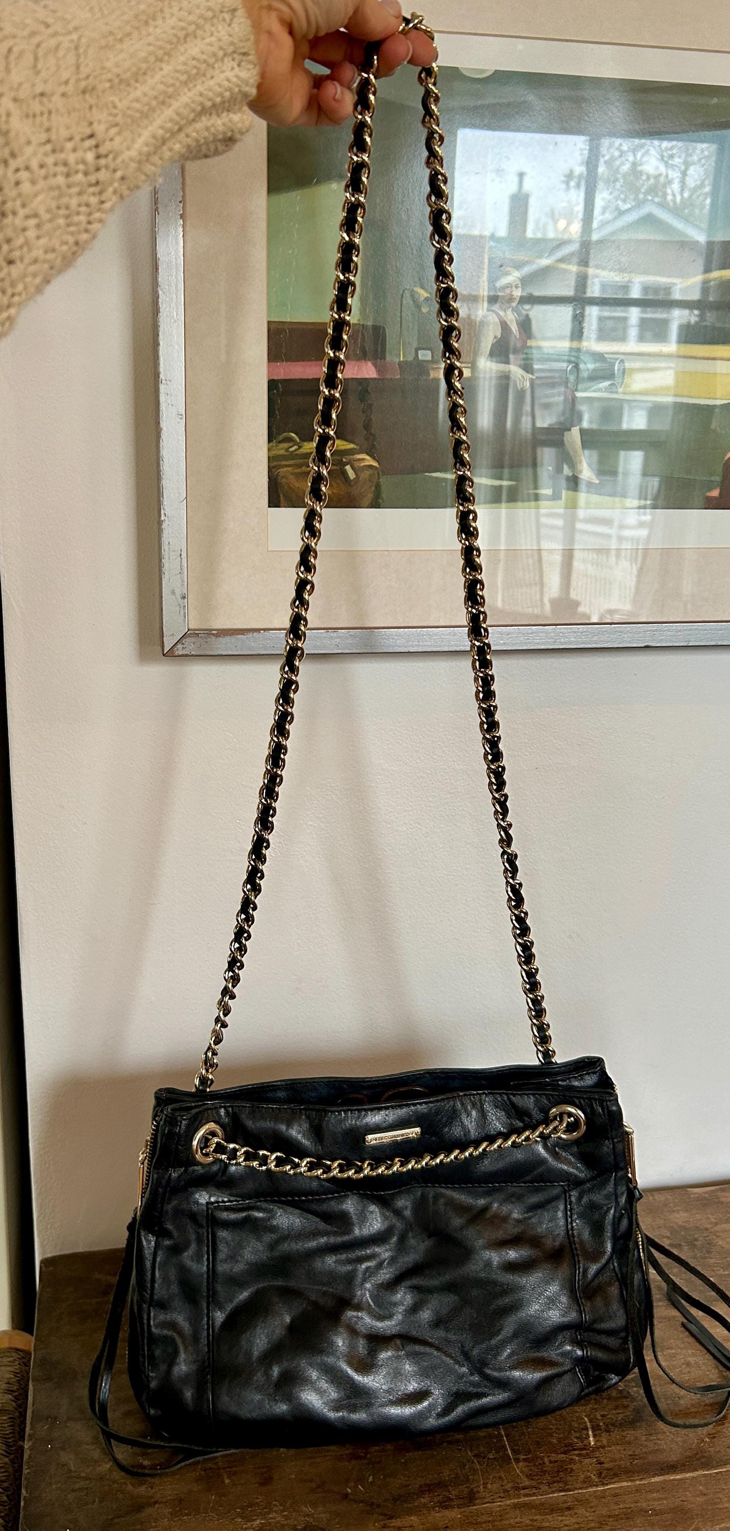 Y2K Rebecca Minkoff Black Leather Shoulder Bag | Gold Chain