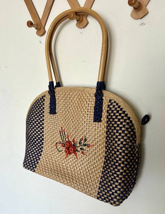 Vintage Cross Stitched Straw Woven Bag | Vintage S