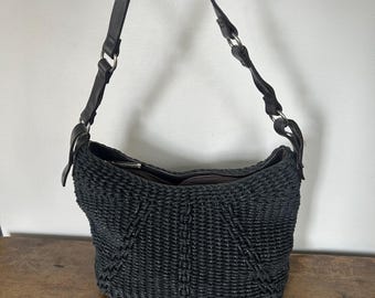 1990s Liz Claiborne Black Straw Hobo Bag | Vintage Shoulder Purse | Woven Boho Handbag