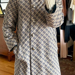 Vintage Patterned A-Line Coat Size Small, Blue and Beige | 60&#39;s Style Mod Coat