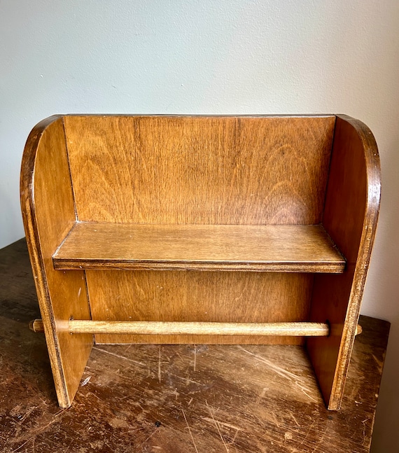 Vintage 70s Wooden Wall Shelf with Towel Rod | Powder Room Decor