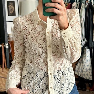 Vintage Cream Spets Westernskjorta | Damskjorta med knappar | Boho-topp i liten storlek bild 1
