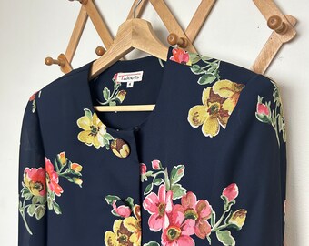 Blazer vintage anni '90 da donna, ampio, con stampa floreale, blu navy, taglia 4 / Top romantico