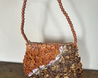 1980s Vintage Coconut and Seashell Purse Shoulder Bag | Mido Brown Boho Handbag
